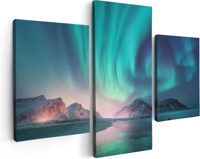 Artaza Canvas Schilderij Drieluik Groene Noorderlicht in Noorwegen - 90x60 - Foto Op Canvas - Canvas Print