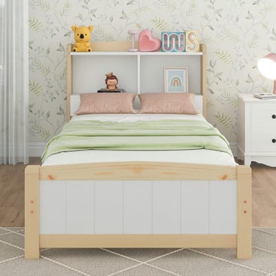 Eenpersoonsbed 90x200 cm met massief houten hoofdbord met opbergruimte, bed met opbergruimte en lattenbodem, natuurlijk en wit massief grenen(Matras niet inbegrepen)