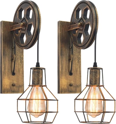 Industriële wandlampen, 2 stuks, vintage wandlampen in katrol ontwerp lamp van metaal en hout, hanglamp voor slaapkamer, woonkamer, restaurant, café, bar, hal, brons