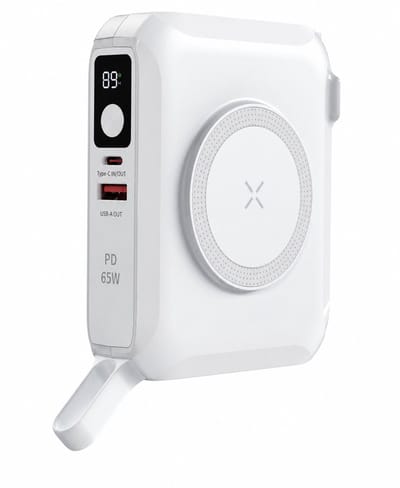 NEOVO MagSafe Powerbank 15.000mAh - Universal Travel Charger 6-in-1 - 65W USB-C Snellader - 15W Draadloze Oplader - Wereldstekker met US/EU/UK/AU - Wit