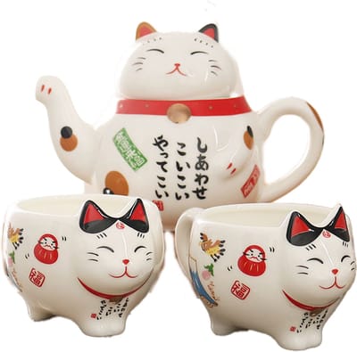 Winkrs | Lucky Cat Theeset | Theekan / Theepot Aardewerk , Theekopjes, Theezeef . Japan