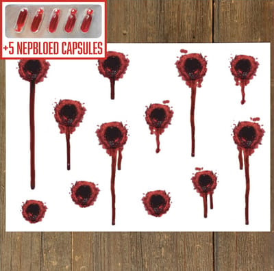 GetGlitterBaby® - Tattoo + Nep Bloed Capsules / Halloween Horror Decoratie Versiering Schotwonden / Carnaval Schmink Make Up Plak Tattoos / Tijdelijke Tattoo / Nep Tatoeage + Vloeibaar Dik Rood Bloed / Nepbloed / Nep Wond / Fake Kunst Blood