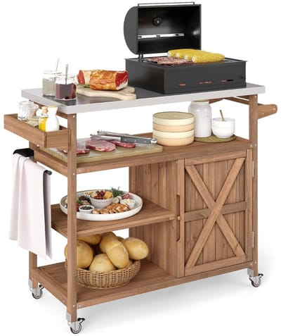 Buitenkeuken op Wielen – BBQ Trolley – Met Opbergkast & Planken – Werktafel voor Buiten – Hout & Metaal – Multifunctioneel – Koffie + Zilver