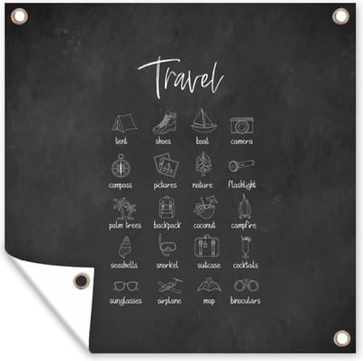 Tuin poster Spreuken - Quotes - Travel - Boot - Camera - 200x200 cm - Tuindoek