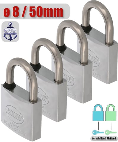 AMIG Hangslot met Sleutel RVS Ø8/50mm - Standaard Beugel Buiten 4 Stuks