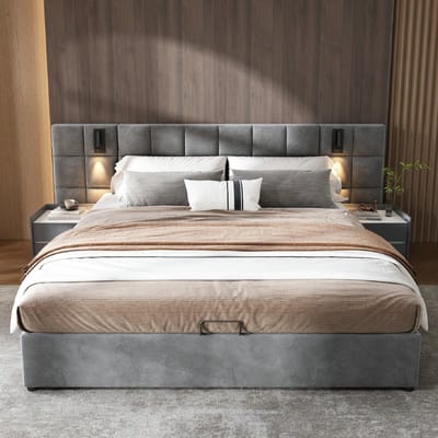 VVBV Gestoffeerd Bed met Opbergruimte 160x200 cm - Hydraulische Opbergruimte, USB, Bureau, Hoofdbord - Fluweel Grijs