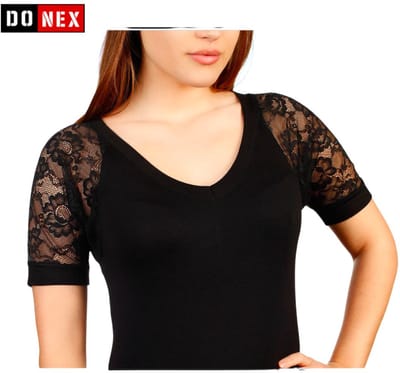 Dameshemd met kanten korte mouwen - Onderhemd dames - 92% katoen - Lycra - Zwart - Maat L/XL