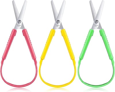 Veilige Zelfopenende Scharen met Kleurrijke Handgreep, 14 cm, Ideaal voor School, Knutselen en Papierwerk, Set van 3 (Roze + Geel)