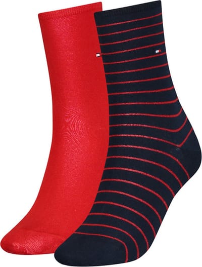 Tommy Hilfiger damessokken Small Stripe (2-pack) - uni en gestreept katoen - rood met blauw