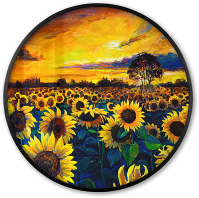 Poster in lijst Rond - Fotolijst 60x60 cm - Posters - Schilderij - Olieverf - Bloemen - Zonnebloem - Ronde posterlijst zwart - Decoratie - Wanddecoratie woonkamer - Muurdecoratie slaapkamer