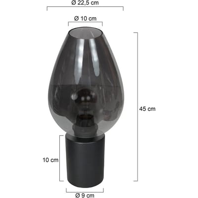 Tafellamp Drovia 4377ZW - trendy zwart metalen armatuur met druppelvormig smoke glas, diameter 22,5 cm en hoogte 33 cm - Mexlite