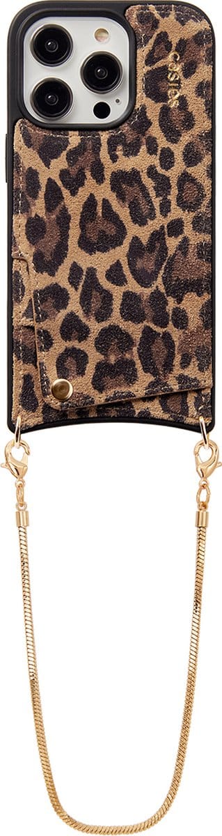 Casies leren panterprint hoesje geschikt voor Apple iPhone 14 met kort gouden koord en pasjeshouder - 100% echt leer - Leopard case - Telefoonhoesje met strap - Telefoonkoord