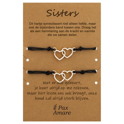 Vriendschapsarmbandjes voor 2 "Sisters" - Verbonden Hartjes - BFF Armbandjes met Cadeau Kaartje - Zilverkleurig - Elastisch Verstelbaar - Pax Amare