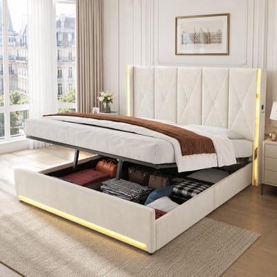OKWISH Fluwelen Bed 180x200 cm - Met USB-C, Ledverlichting en Opbergruimte - Hydraulisch - Zonder Matras - Beige