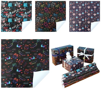 Dailygoods- Cadeaupapier Zwart - Spelletjes Thema - Verjaardagscadeau Jongens - 4 Vellen - 50 x 70 cm - Perfect voor Gamers - Inpakpapier