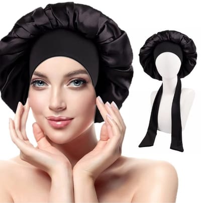 Actie4you® - Bonnet - Brede Elastische Lange Band - Slaapmuts Satijn - Hoofddeksel - Unisex – Haarnet - Zwart
