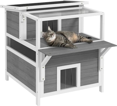 Kattenhuis - Voor buiten - Hok - Kooi - Bench - Ren - 2 verdiepingen - Duurzaam - 64L x 87B x 76H cm - Lichtgrijs + Wit