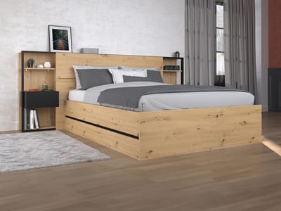 Vente-unique Bed met opbergruimte hout zwart, natuurlijk licht 140 x 190 cm