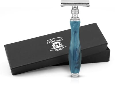 Haryali London Classic Double Edge (DE) veiligheidsscheermes verchroomd met gesloten kam voor heren en dames, Inclusief 5 Mesjes ( Blauw )
