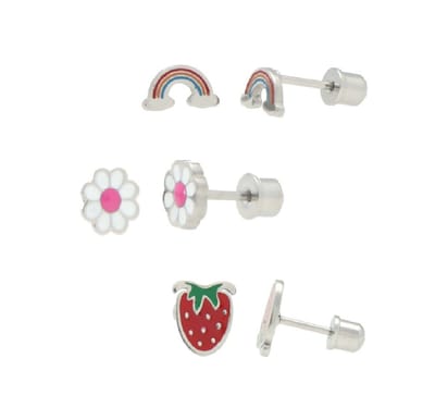 La Rosa Princesa Kinderoorbellen Set - 3 Paar - 316L Chirurgisch Staal - Aardbei, Regenboog & Madeliefje - Met Schroefsluiting - Zilverkleurig - Hypoallergeen