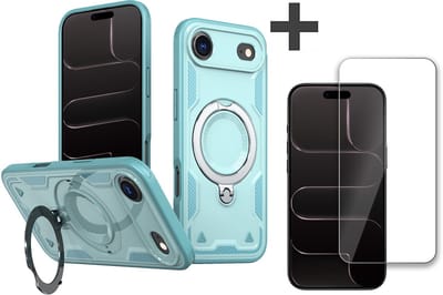 Hoesje Geschikt voor iPhone 17 Air met gehard glas Screenprotector - Armor hoes met Ringhouder - Arara backcover - Lake Blauw