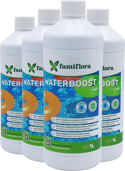 Famiflora Waterboost vloeibaar 4x 1L - tegen troebel water! - Maakt troebel water helder zodat zwemmen weer plezierig wordt