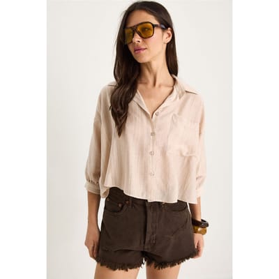 Gestreept Crop Shirt met Textuur, Knoopsluiting en Pocket
