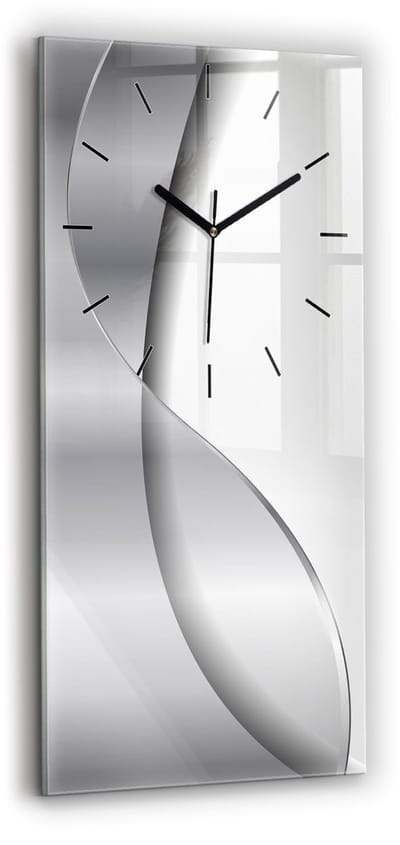 Wallfluent Wandklok - Zilveren abstractie Klok met Afbeelding - 30 cm x 60 cm - Wit Wandklok - Zwarte Handen - Wandklok Zonder Cijfers - Wandklok voor in de Keuken - Glazen Klok Rechthoekige - Industrieel Wandklok - Unieke Wandklok