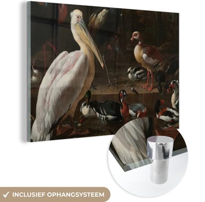 MuchoWow® Glasschilderij 120x80 cm - Schilderij acrylglas - Een pelikaan en ander gevogelte bij een waterbassin - Schilderij van Melchior d'Hondecoeter - Foto op glas - Schilderijen
