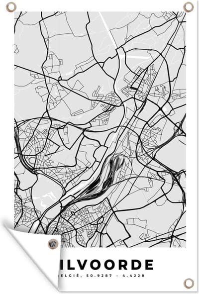 Muurdecoratie Plattegrond – Vilvoorde – Zwart Wit – Stadskaart - Kaart - 120x180 cm - Tuinposter - Tuindoek