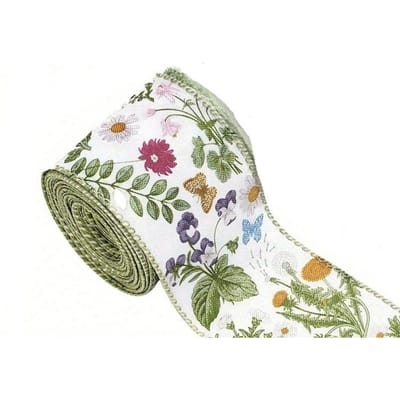 2,5 inch groen lint met wilde bloemen en draadversteviging, retro bloemenmotief, knutsellint, lentestoflint voor het maken van kransen en strikken, doe-het-zelf-cadeauverpakkingen. 1 Rolls (full Roll 5 Yards) veelkleurig