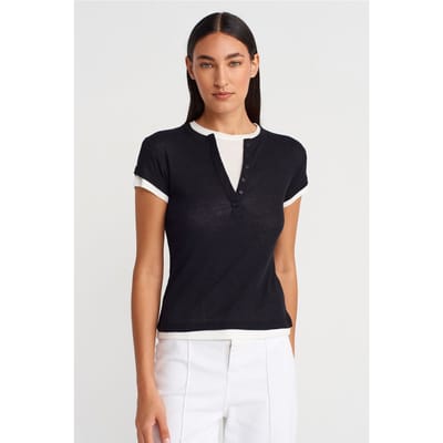 Dames Katoenen V-Hals Knop T-shirt