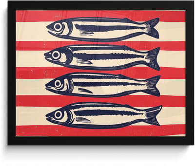 Poster in lijst - Fotolijst 40x30 cm - Posters - Sardines - Rood en beige strepen - Posterlijst zwart - Decoratie - Wanddecoratie woonkamer - Muurdecoratie slaapkamer