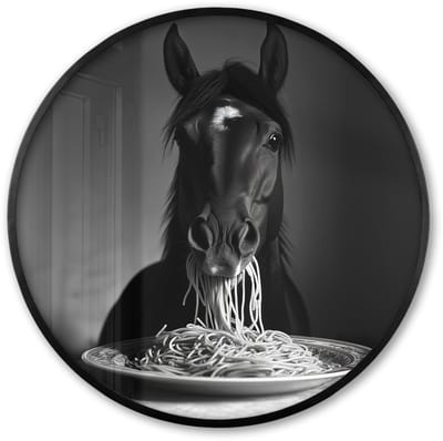 Poster in lijst Rond - Fotolijst 60x60 cm - Posters - Paard - Bord - Pasta - Tafelkleed - Zwart Wit - Dieren - Ronde posterlijst zwart - Decoratie - Wanddecoratie woonkamer - Muurdecoratie slaapkamer