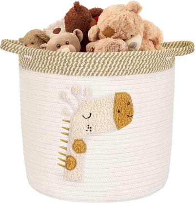 Dekenmand, Katoenen Touw Wasmand voor Luierdeken Speelgoedhanddoek, Speelgoedmand met Handvat voor Woonkamer Slaapkamer 30 x 30 cm Beige Giraf