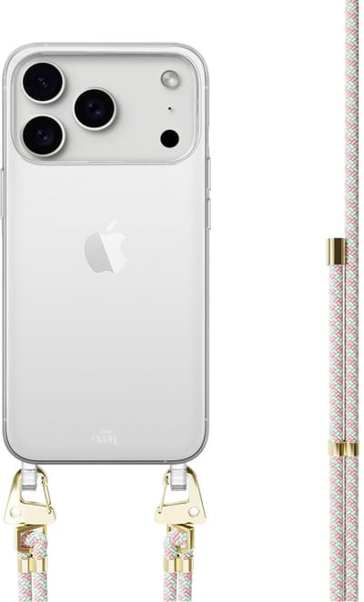xoxo Wildhearts siliconen hoesje - Geschikt voor iPhone 17 Pro Max - Aqua Pink - Telefoonhoesje - Hoesje met koord - telefoonkoord - Transparant hoesje - In lengte verstelbaar - Lichtblauw met roze koord