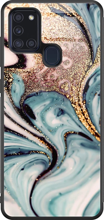 Hoesje geschikt voor Samsung Galaxy A21s - Marmer blauw goud - Luxe Glazen Hardcase - Marmer - Blauw