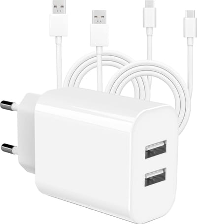USB Adapter met 2x USB-C Kabel - 2 Meter - Wit - Oplader & Oplaadkabel voor S21,Tab S7,Tab A8,Tab S6 Lite, A52, A53, A51, A13, S22, S21, S10 - Combi pakket