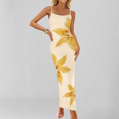 Nieuwe Lente Stijl Stijlvolle en Elegante Bedrukte Temperament Mouwloze Jurk met Spaghettibandjes S beige