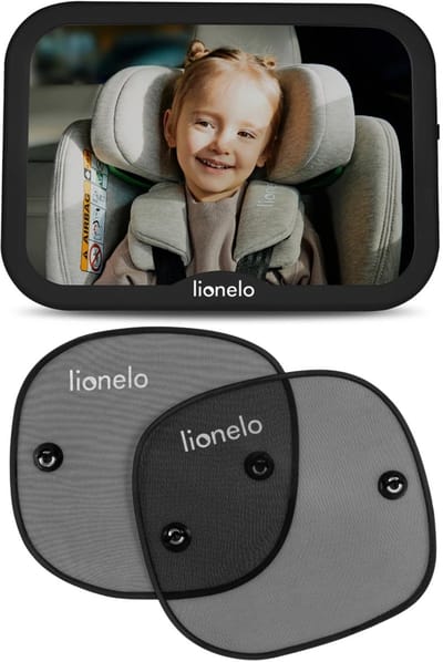 Lionelo Sunshade & Sett - Autospiegel Baby XL – Set: 2x Zonneschermen voor Autoraam + 360° Draaibare Babyspiegel – Universeel – UV-bescherming – Veilig Reizen – Opbergtas – Brede Kijkhoek – Onbreekbaar