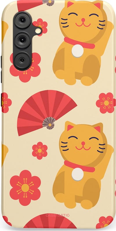 Casetastic hoesje geschikt voor Samsung Galaxy A34 (2023) 5G - Dubbellaagse bescherming - Japanse Poezenvreugde - Lucky Cats - Fashion Case - Crème Koraal Goud