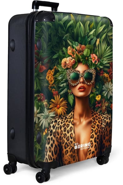 NoBoringSuitcases.com® - Koffer groot - Reiskoffer lichtgewicht - Vrouw met bloemen en panterprint - Rolkoffer met 4 wielen - Grote trolley XL - 98 liter bagage