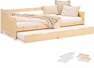 Homestyle4u Houten bed - 90x200 cm - met 2 matrassen - uittrekbaar - Natuur