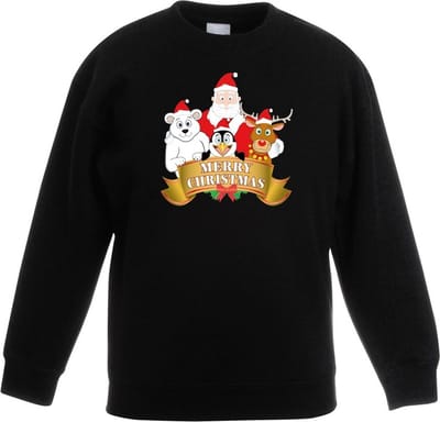 Kersttrui sweater voor kinderen - zwart - Kerstman en zijn dieren vriendjes - Kerstruien - jongens en meisjes 98/104
