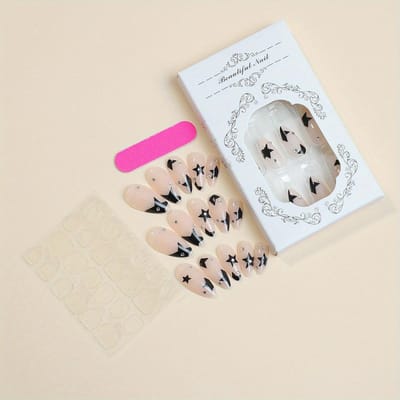 Lot de 24 faux ongles en forme d'amande, motif étoile et diamant, pour filles cool, couleur nude, pour femmes, couverture complète.