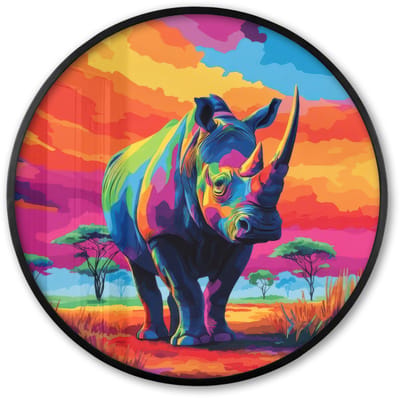 Poster in lijst Rond - Fotolijst 60x60 cm - Posters - Neushoorn - Zonsondergang - Savanna - Kleurrijk - Ronde posterlijst zwart - Decoratie - Wanddecoratie woonkamer - Muurdecoratie slaapkamer
