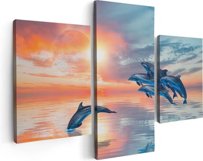 Artaza Canvas Schilderij Drieluik Groep Dolfijnen Springen uit het Water - 90x60 cm - Wanddecoratie Woonkamer - Schilderijen - Muurdecoratie