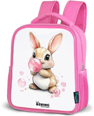 NoBoringSuitcases.com® - Rugzak roze - Schooltas meisjes - Bruin konijntje met roze bellen - Kinder rugtas meisje - Boekentas kind - Kinderrugzak voor school - Schoolrugzak