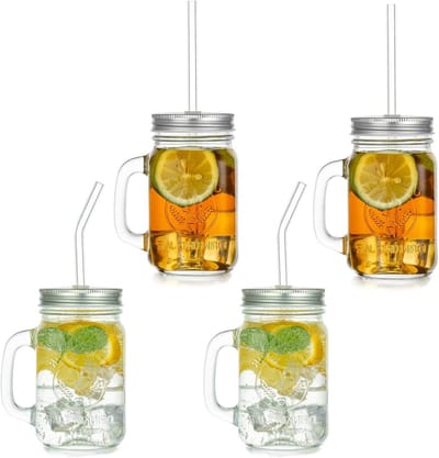 Set van 4 Vintage Glazen Potten met Deksel 500ml - Herbruikbare Rietjes voor Drankjes, Ontbijt en Snacks - Perfect voor Smoothies en Bewaren