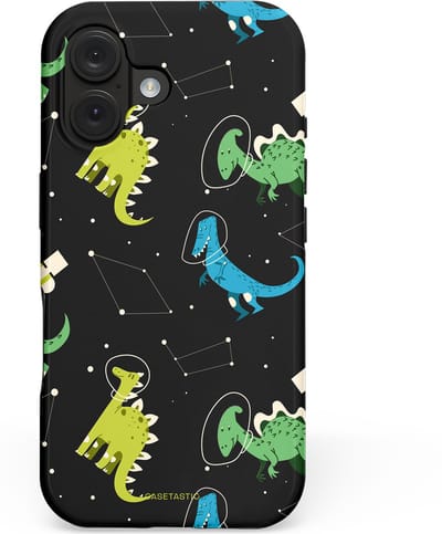 Casetastic hoesje geschikt voor Apple iPhone 16 - MagSafe - Dubbellaagse bescherming - Dino in de sterren - Fashion Case - Zwart Groen